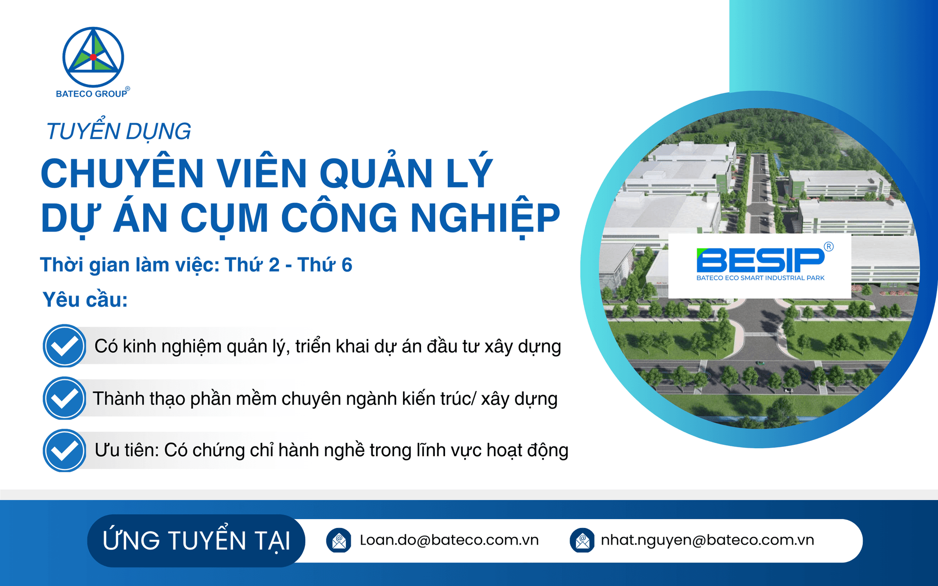 TUYỂN DỤNG: CHUYÊN VIÊN QUẢN LÝ DỰ ÁN CỤM CÔNG NGHIỆP